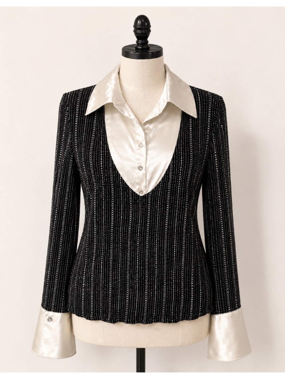 Dressbarn Collection Black Glitter White Satin Women Evening Blouse Medium